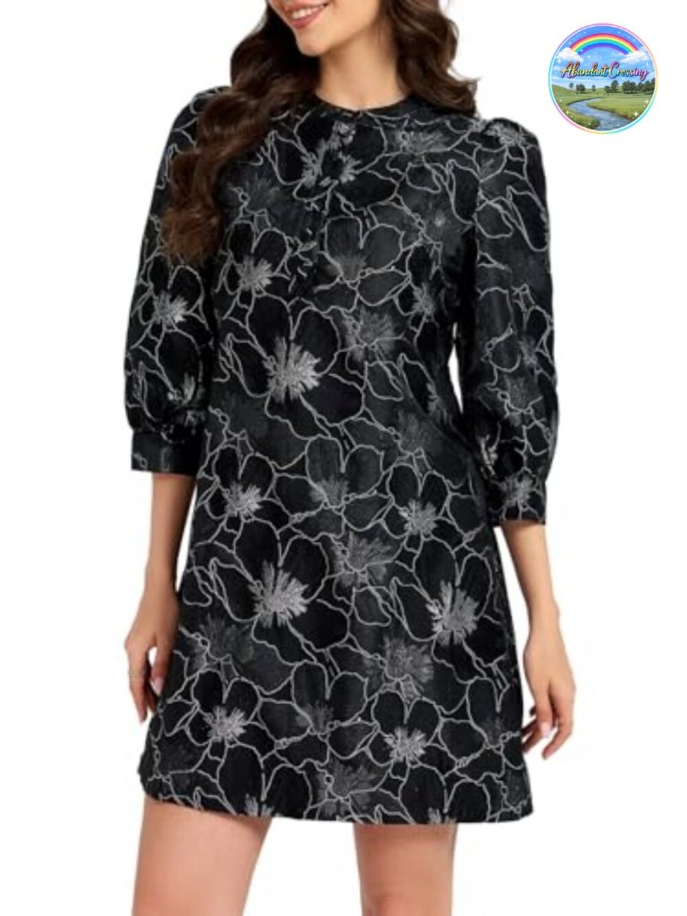 Women's Floral Jacquard Shift Mini Dress 3/4 Sleeve Cocktail Party